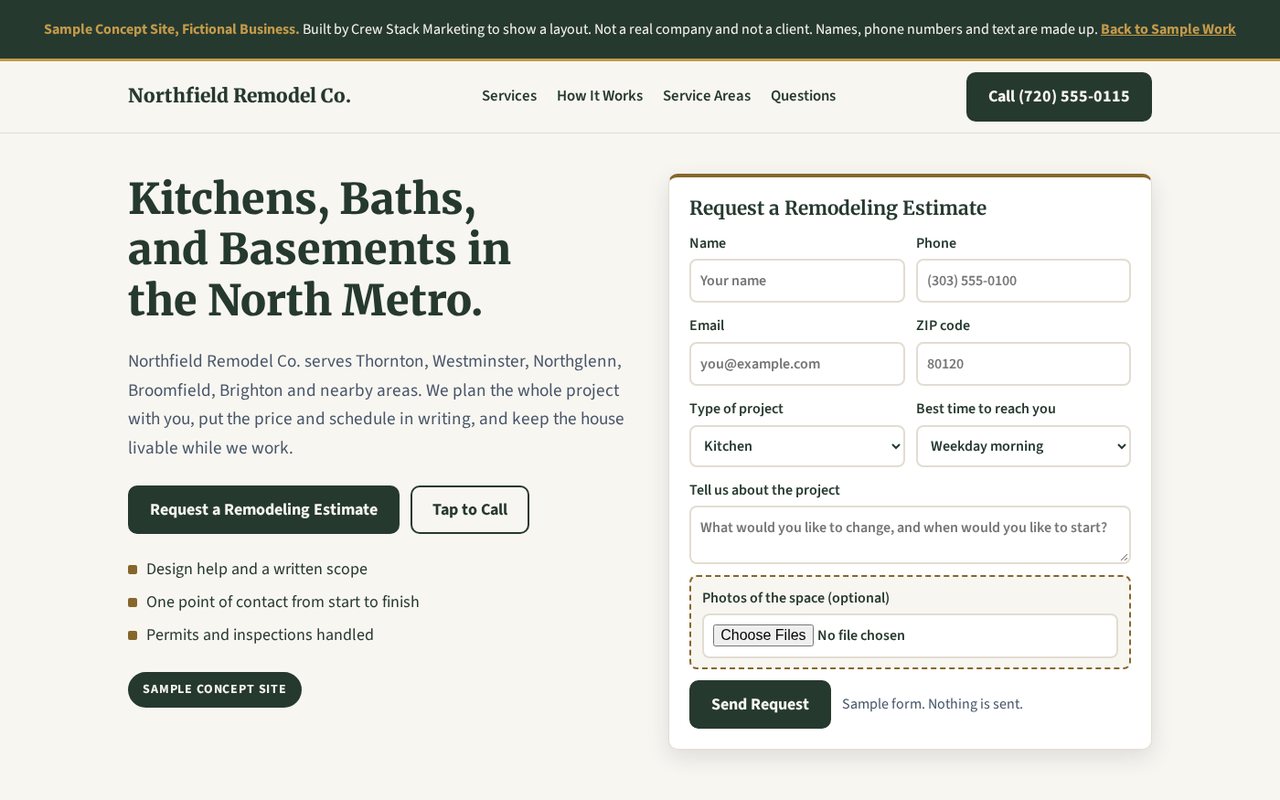 Preview of the headline and estimate form from the Northfield Remodel Co. sample concept site, a fictional business